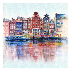 Watercolor sketch of Amsterdam typical houses with their reflections in canal, Holland, Netherlands - obrazy, fototapety, plakaty
