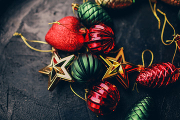 Christmas background and wallpaper.   New Year decoration toys on  a light background. Preparation for winter holidays