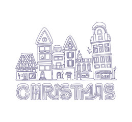 Christmas vector lettering. Hand drawn holiday card with “Christmas time” lettering and decorated winter house.