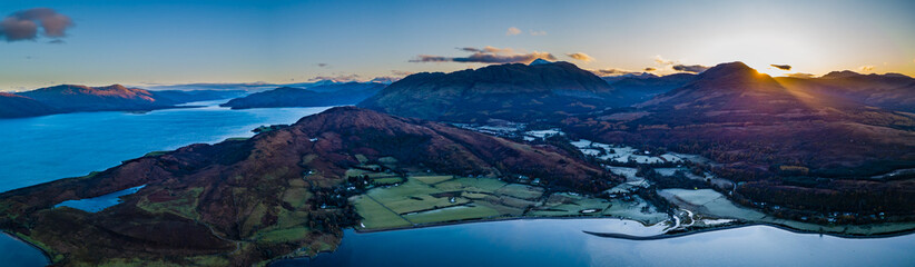 aerial shot of loch linnhe in the argyll region of the highlands of scotland during autumn near sunset