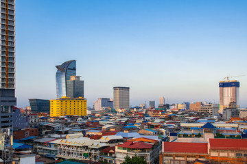 Phnom Penh city, Cambodia - October 21 2019: Phnom Penh cityscape with clear sky show high rise building 
