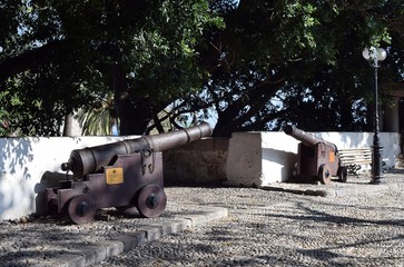 Medieval cannons in front of the entrance to the bridge.Kos.Greece.