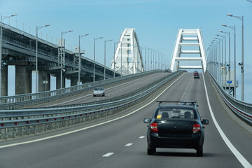Kerch, Crimea, Russia - September 25, 2019:New Crimean Bridge, also called Kerch Bridge, through Kerch Strait to Crimea. Automobile and railway bridge connecting Taman and Kerch