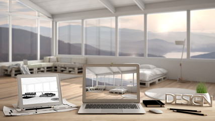 Architect designer desktop concept, laptop and tablet on wooden desk with screen showing interior design project and CAD sketch, blurred draft in the background, modern white bedroom