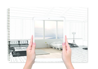 Hands holding tablet showing modern bedroom with sofa, total blank project background, augmented...