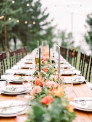 Table setting for an event party or wedding reception. Table settings for a luxury wedding. Outdoor wedding