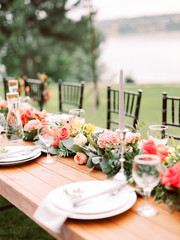 Table setting for an event party or wedding reception. Table settings for a luxury wedding. Outdoor wedding
