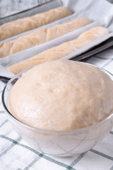 Yeast dough in a glass bowl and formed into raw baguettes ready to be baked in the background