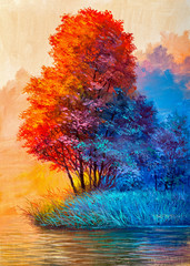 Oil painting landscape - colorful autumn forest - obrazy, fototapety, plakaty