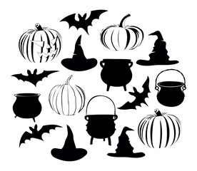 Vector illustration of simple halloween icons/symbols. Bats, hats, pots and pumpkins. 