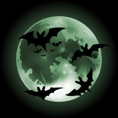 Vector illustration of halloween green full Moon on a dark background with bats