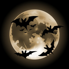 Vector illustration of halloween orange full Moon on a dark background with bats