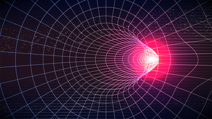 Synthwave Retro Future Background. Tube perspective grid with red glowing far away. Warped space. Sci-fi dark style. Black hole. VHS and TV effects. Scientific look. Stock vector illustration
