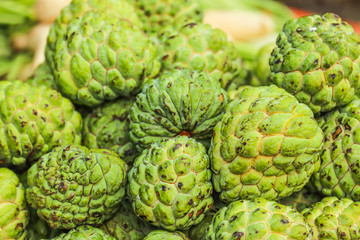Heap Bunch of Custard Apple India Sarifa Sheetafal Fruit Fresh From Farm Green Color in Market Decoration and Sale