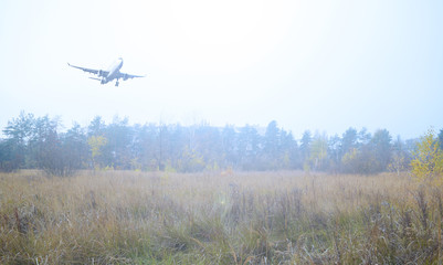 The plane over the forest and dry air. Travel, tourism.