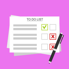 checklist on To Do List. Form illustration with man signing a paper work document. Vector Modern flat design concept for web banners, web sites, printed materials, infographics.