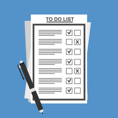 checklist on To Do List. Form illustration with man signing a paper work document. Vector Modern flat design concept for web banners, web sites, printed materials, infographics.