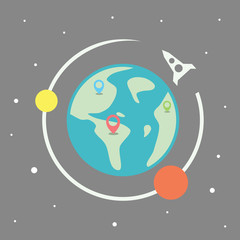Planet Earth with map pins and rocket icon from astronomy