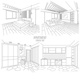 Apartment interior set with living room, kitchen and bedroom sketches. Modern style. Vector