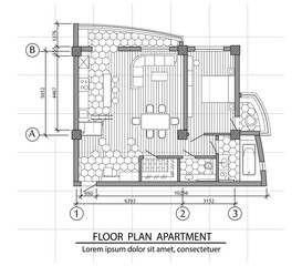 Floor plan of a modern apartment. Interior design with kitchen, bedroom, bathroom, living room and balcony. Vector