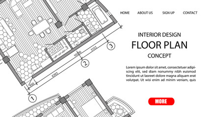 Concept floor plan of a modern apartment. Interior loft design with kitchen, bedroom, bathroom, living room and balcony. Site template vector