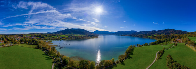 Fantastic panoramic view over the bavarian lake Tegernsee in autumn with fall colors, made by a...