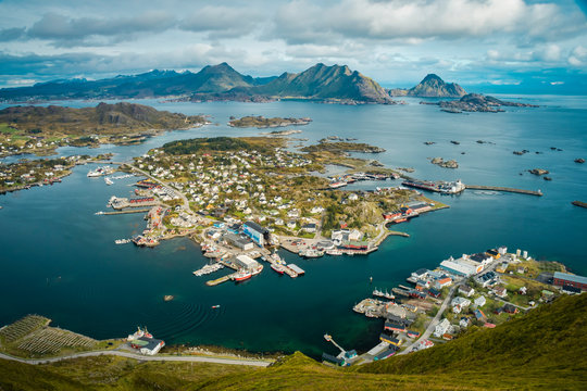 Scenic view of the city of Ballstad and the harbor at Lofoten Islands in autmun