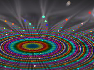 Abstract background for creative projects depicting multicolour rays emerging as flares in spiral patterns