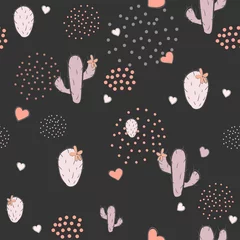 Muurstickers Cute seamless pattern with pink cacti and hearts on black background © Kristina