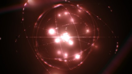 dynamic energetic red atom model concept illustration of glowing proton neutron nucleus, visualization of atom space physics of centric gravity as idea of electrons orbiting as ordered particles