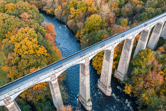 Aerial View over Aqueduct in Wales at Autumn