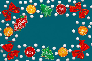 Christmas card with Christmas tree colored toys and ginger biscuits. A place to text