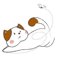 Fototapeta premium Cute white cartoon cat is playing with a fly. cute kitten. kawaii illustration