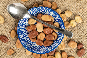 Lot of whole fresh brown bean vicia faba with metal teaspoon and ceramic saucer flatlay on jute cloth