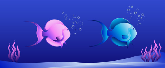 Vector illustration of sea fishes with decor. Seaweed. Sea world