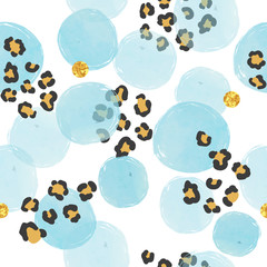 Motif en pointillé sans couture avec cercles bleus aquarelles et imprimé léopard.
