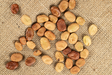 Lot of whole fresh brown bean vicia faba flatlay on jute cloth