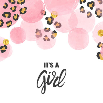 Baby Shower girl card design with abstract watercolor pink circles and leopard print.