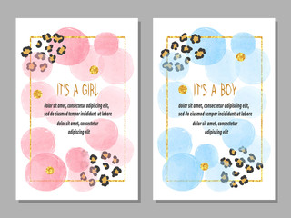 Baby shower card set. Watercolor invitation cards design for baby shower party - girl and boy - obrazy, fototapety, plakaty