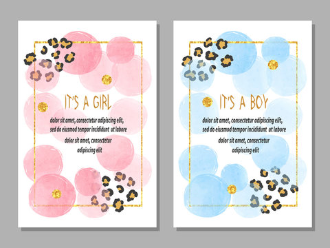 Baby shower card set. Watercolor invitation cards design for baby shower party - girl and boy