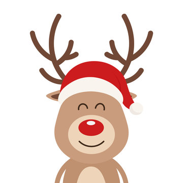 Reindeer red nosed cute smile cartoon with santa hat isolated white background. Christmas card