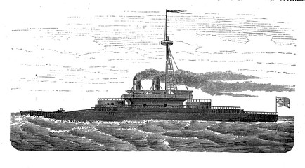 HMS Devastation English ironclad man-of-war launched in 1871: steam powered with no more sails and the artillery mounted on top of the hull rather than inside. © acrogame