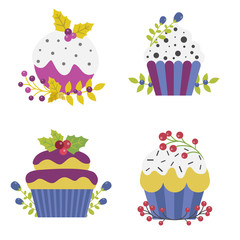 Cartoon Christmas Pastry Cupcakes Decorated with Brunches