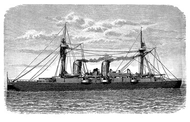 Chilean cruiser Esmeralda launched in 1883 with an armored deck combining heavy artillery, high speed and low displacement for cruiser missions of fast patrol
