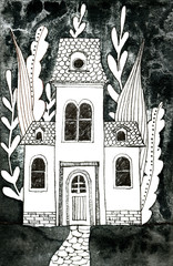 Old victorian house with flowers and leaves. Hand drawn ink pen illustration.