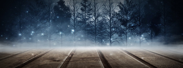 Dark forest. Gloomy dark scene with trees, big moon, moonlight. Smoke, shadow. Abstract dark, cold street background. Night view. Night wooden table © MiaStendal