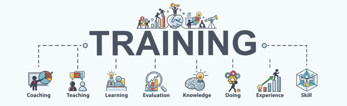 Training banner web icon for business and Seminar, coach, teaching, learn, evaluation, knowledge, doing, experience and skill. Minimal vector infographic.