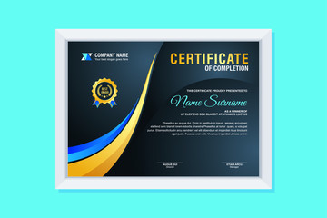 Certificate Template, modern and trendy design, with Blue, gold and black combination color, make it appear more professional, elegant and luxury