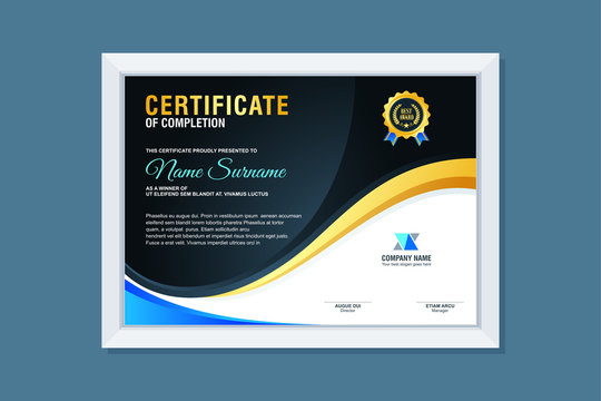 Certificate Template, modern and trendy design, with Blue, gold and black combination color, make it appear more professional, elegant and luxury - Powered by Adobe