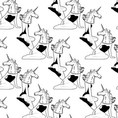 Obraz premium Vector pattern with hand drawn illustration of girl in mask of unicorn isolated. Creative tattoo artwork. Template for card; poster; banner; print for t-shirt; pin; badge; patch.